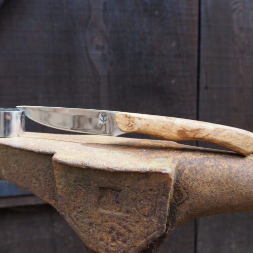 Couteau droit en acier carbone, manche en loupe de frêne